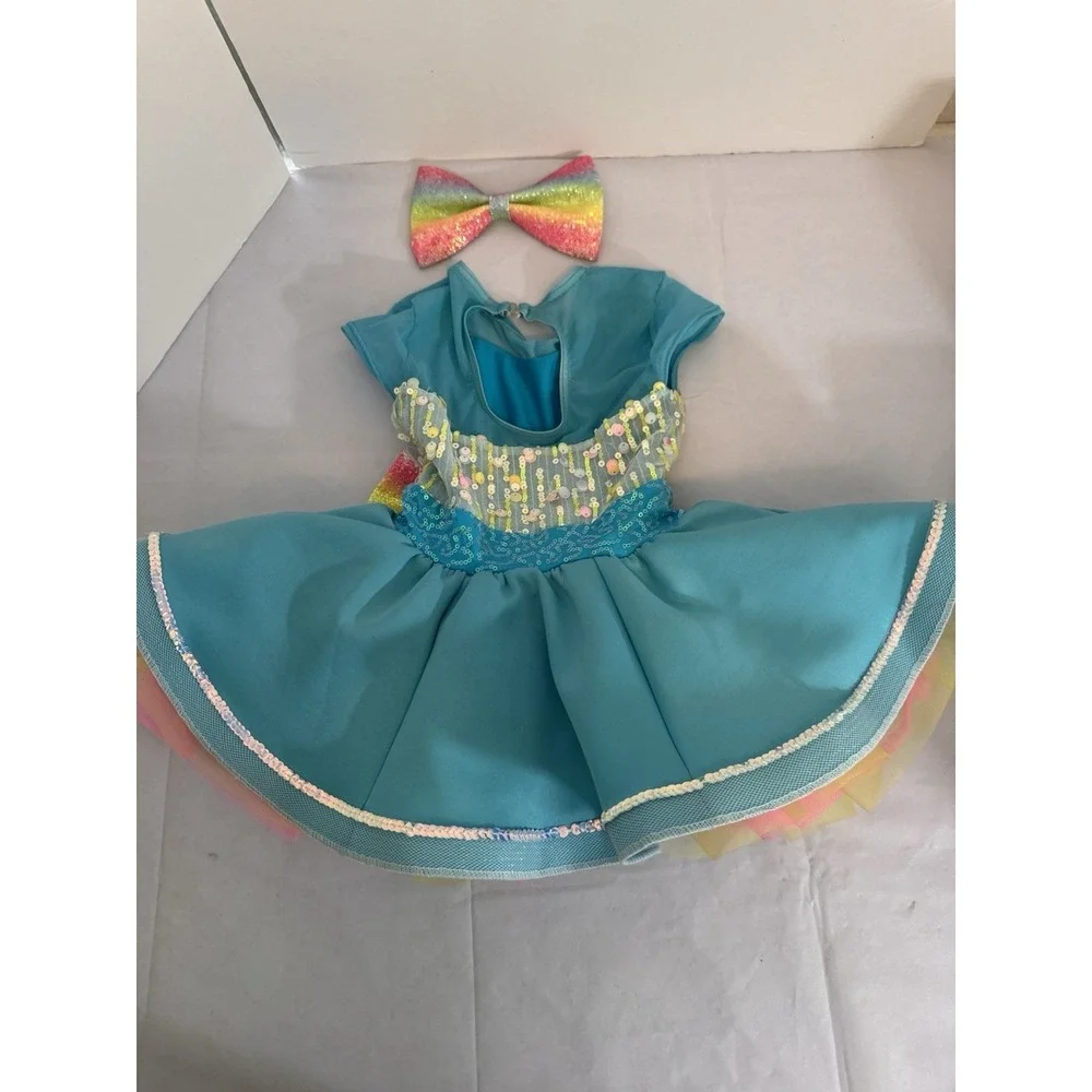 Weissman Turquoise Rainbow Sequin Dance Costume Style 64830 with 2 Hair Bows‎
